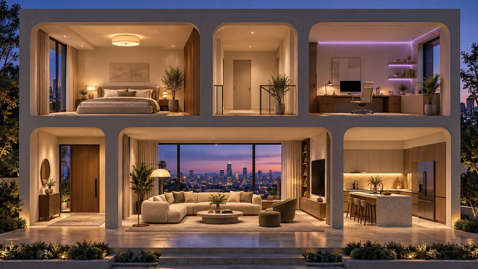 The home in the evening: dusk outside and warm lighting